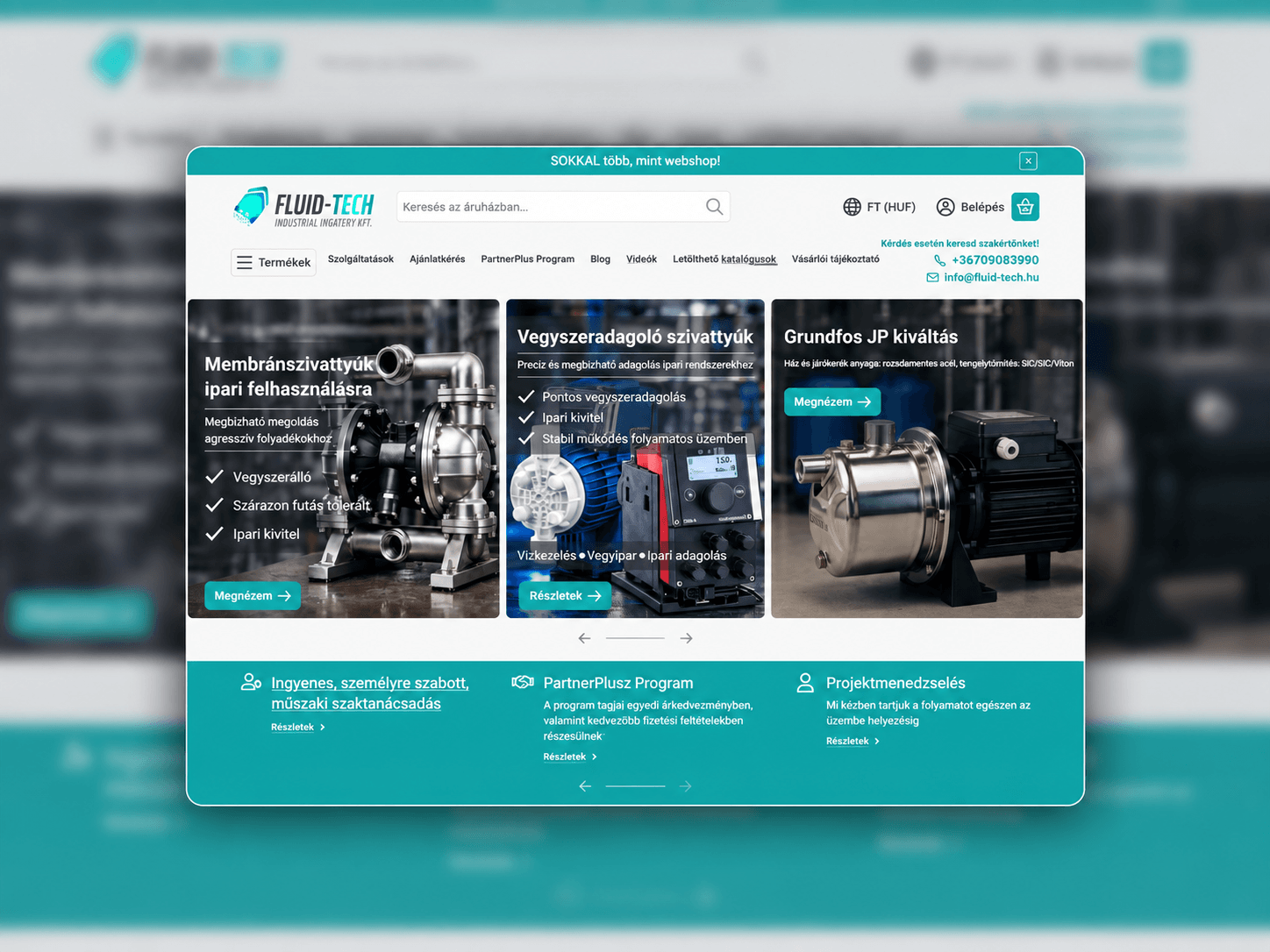 Fluid-Tech ipari szivattyúkat bemutató UNAS webáruház főoldala termékkategóriákkal és szakértői segítséggel