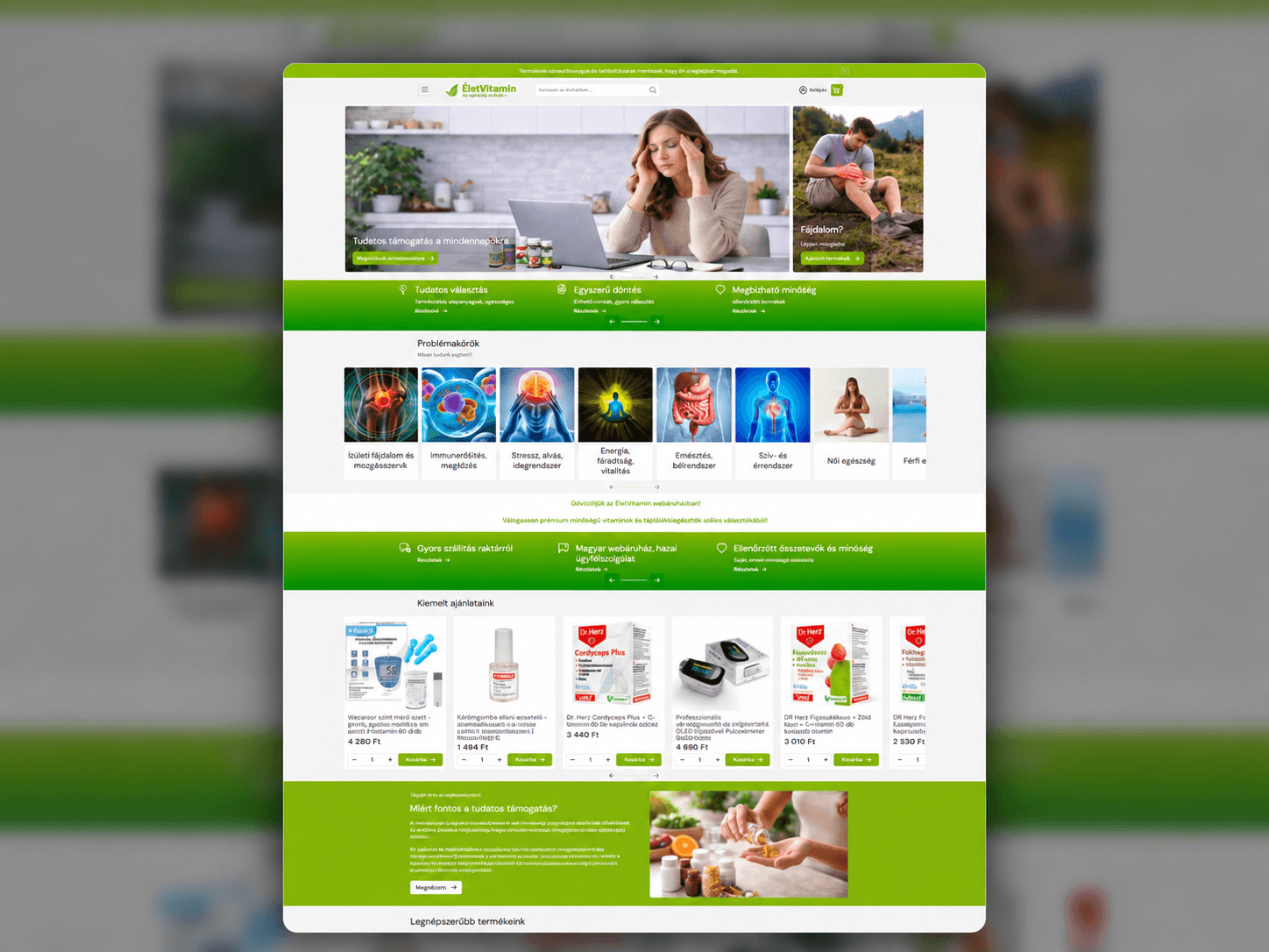 ÉletVitamin megújított UNAS webshopjának zöld arculatú főoldala vitaminokkal és étrend-kiegészítőkkel