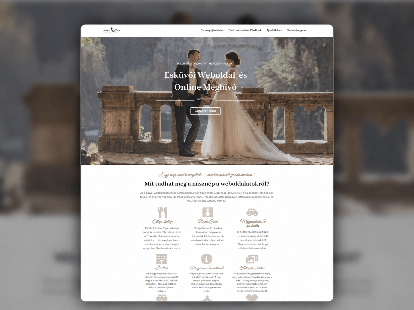 EsküvőiDesign elegáns esküvői weboldalának romantikus főoldali megjelenése