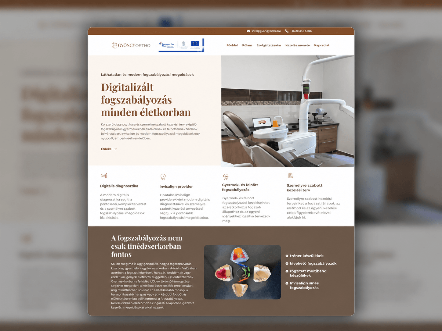 Gyöngy Ortho fogszabályozó rendelő elegáns WordPress weboldalának főoldala