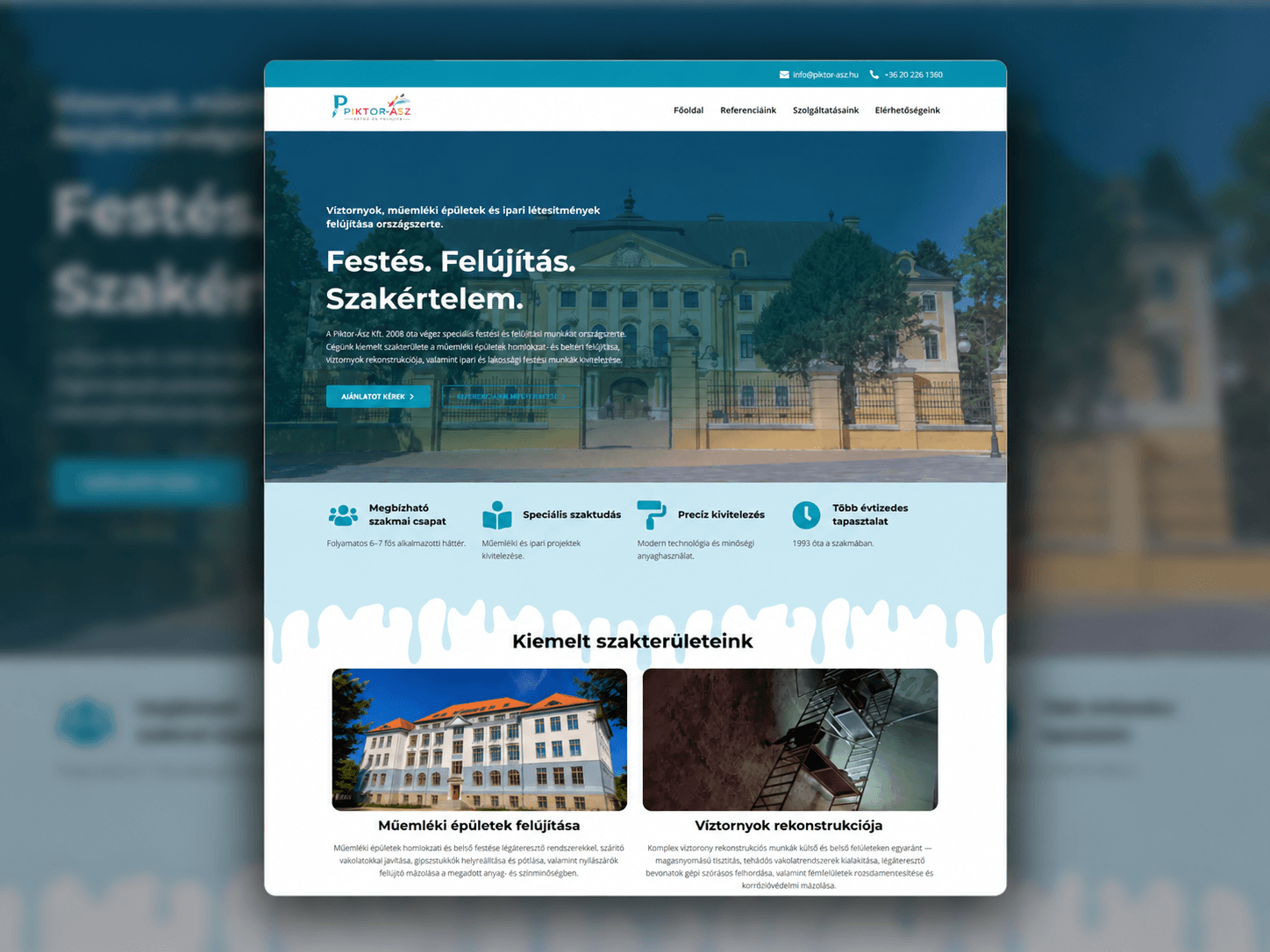 Piktor-Ász Kft. festő és felújító vállalkozás új weboldalának főoldala