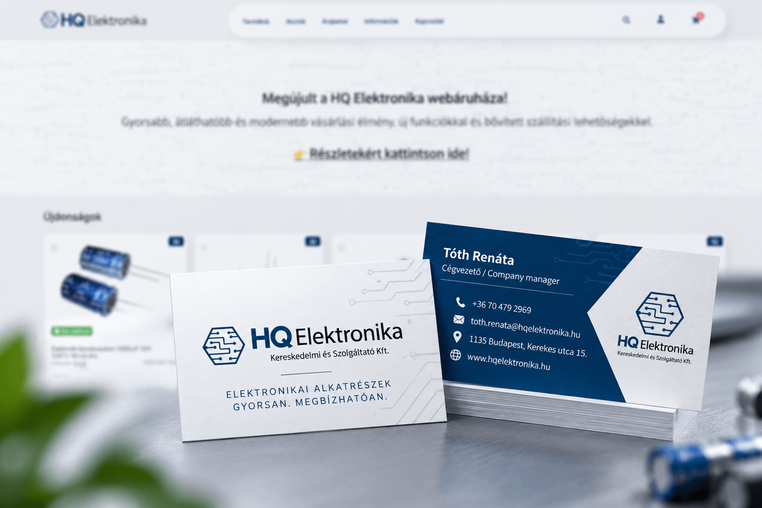 HQ Elektronika számára tervezett logó, névjegykártya és egységes arculati grafikai elemek